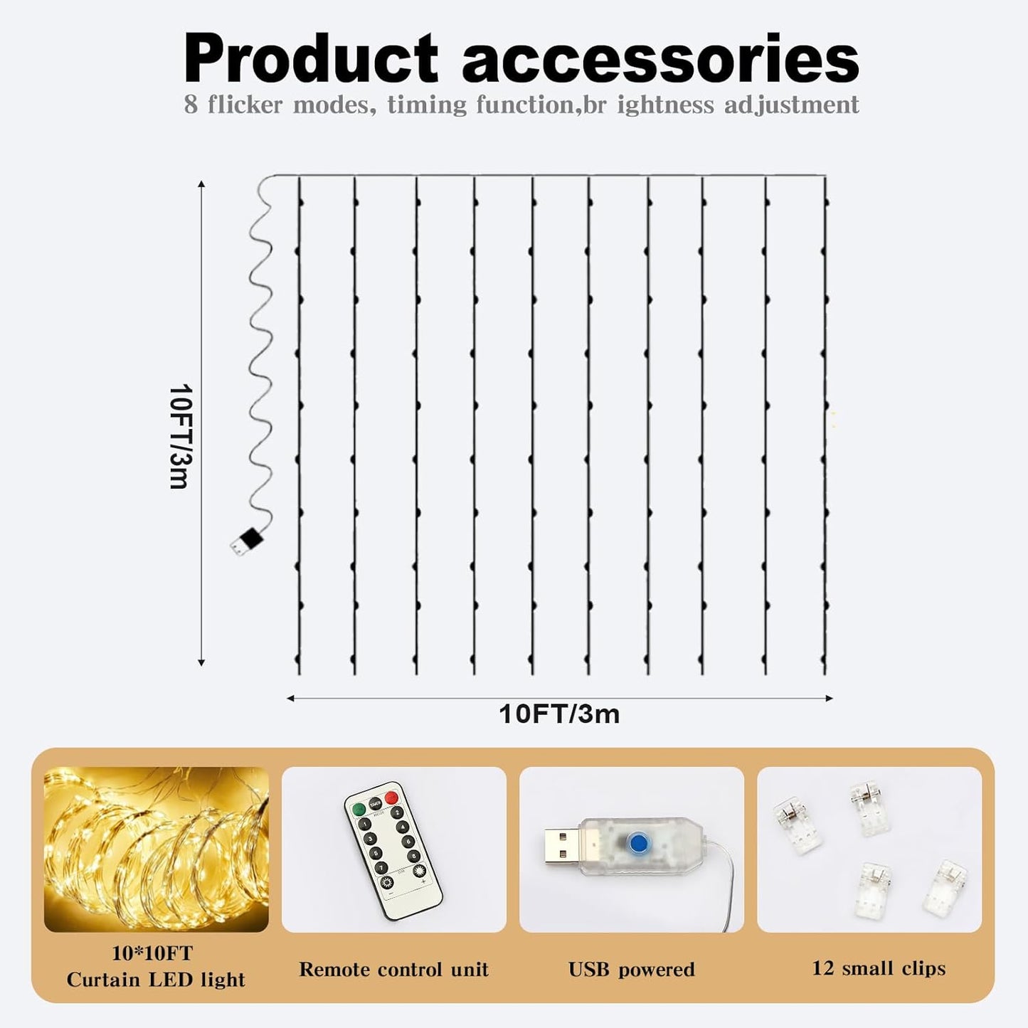 10 * 8FT Beige Pearl Tulle Double Layered Backdrop Curtain with Lights String and Lining Fabric for Wedding Baby Shower Birthday Parites Photo Decorations