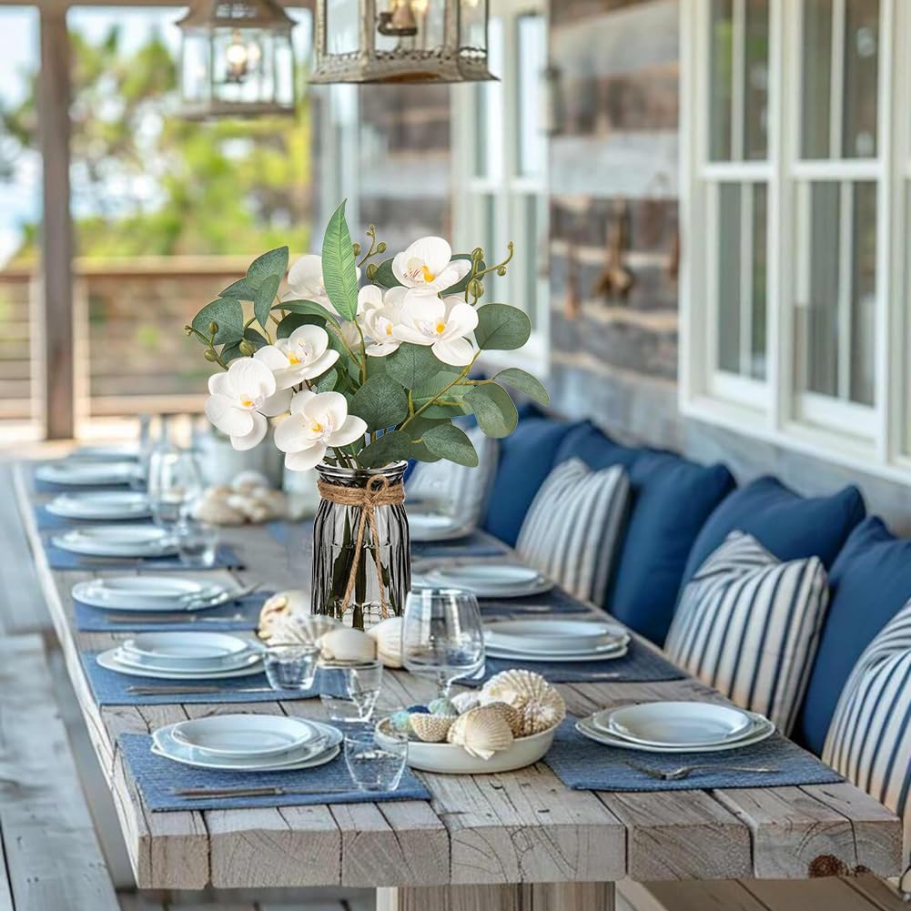 White Orchids Artificial Flowers with Vase Fake Flower in Vase Artificial Eucalyptus Stems in Glass Vases with Faux Water Faux Orchid with Eucalyptus Leaves Arrangement for Dining Table Centerpiece