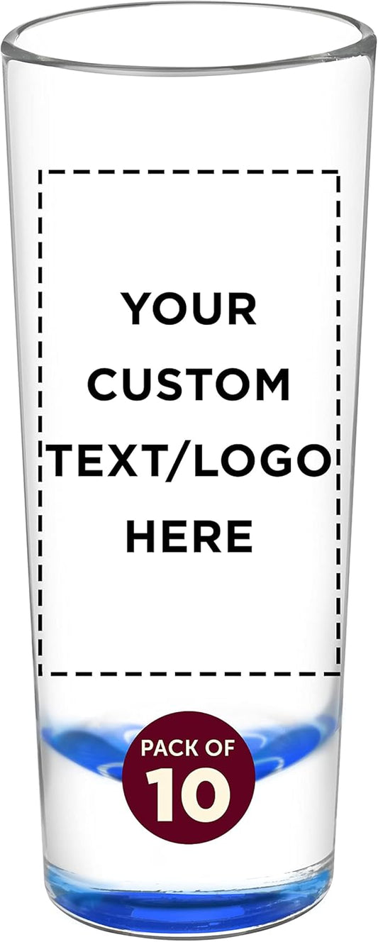 Custom Cordial Shooter Shot Glasses 2 oz. Set of 10, Personalized Bulk Pack - Great for Birthdays, Parties, Indoor & Outdoor Events - Blue