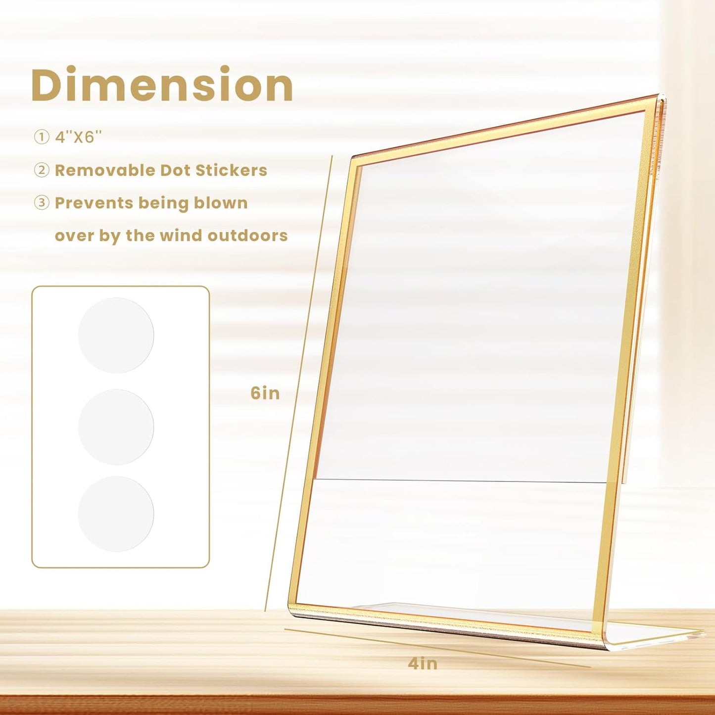 Acrylic Gold Frames 4X6, Slanted Back Gold Picture Frames Table Acrylic Sign Holder for Photos Wedding Table Numbers and Art Display with Removable Clear Sticky Dots，3 Pack