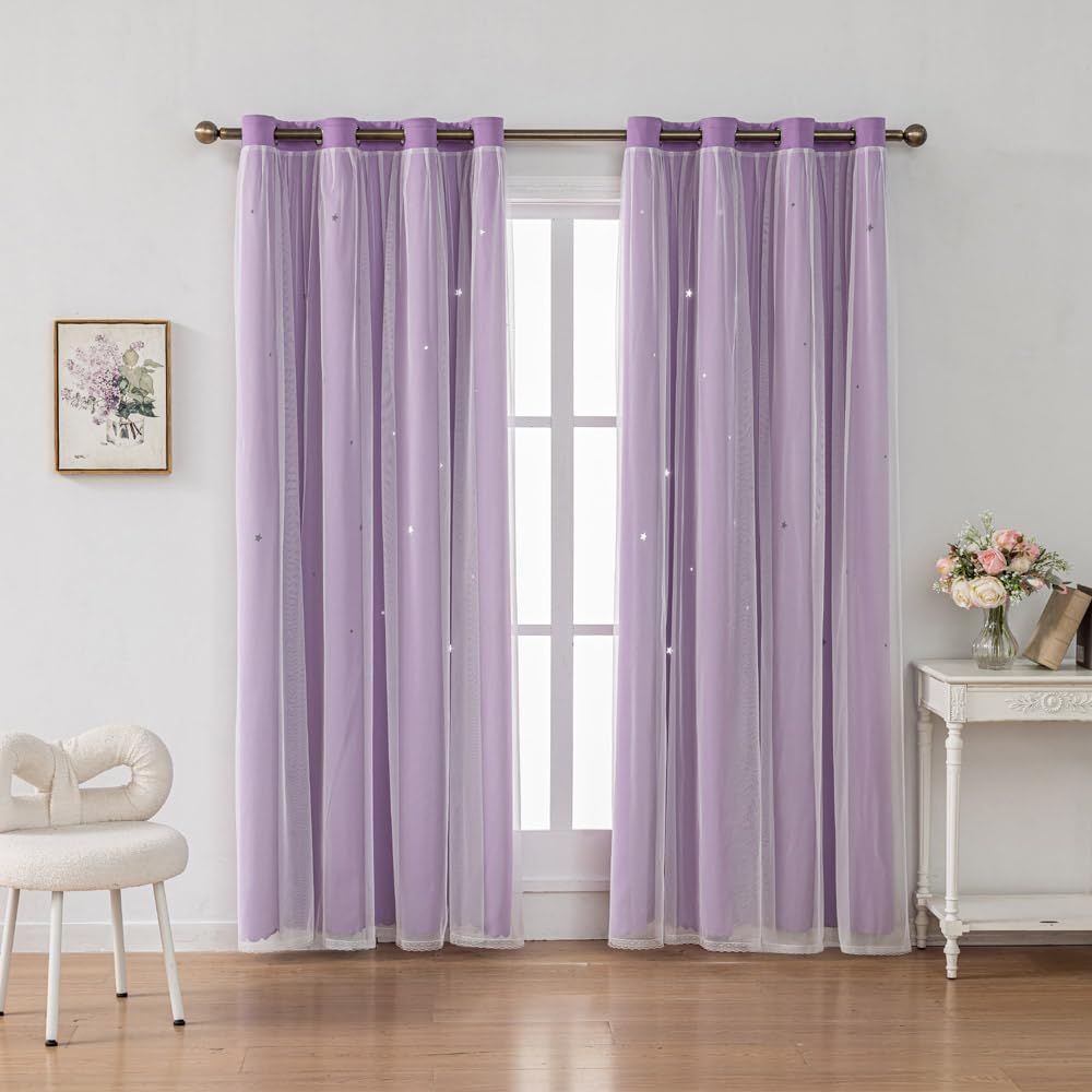 Ombre Rainbow Blackout Curtains for Kid Girls Bedroom Living Room Darking Stripe Double Layer Star Cut Out Wall Home Decor Gradient Grommet Window Curtains (Purple 95L)