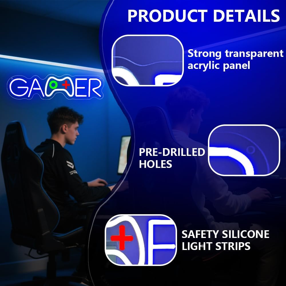 Gamer Neon Sign,Gamepad Shaped Dimmable LED Light Signs for Wall Art Decor,Gaming Backdrop for Game Room Bar Bedroom Club Party Man Cave,Game Gift for Boys Teen Men USB Powered（15.4"*4.1"）