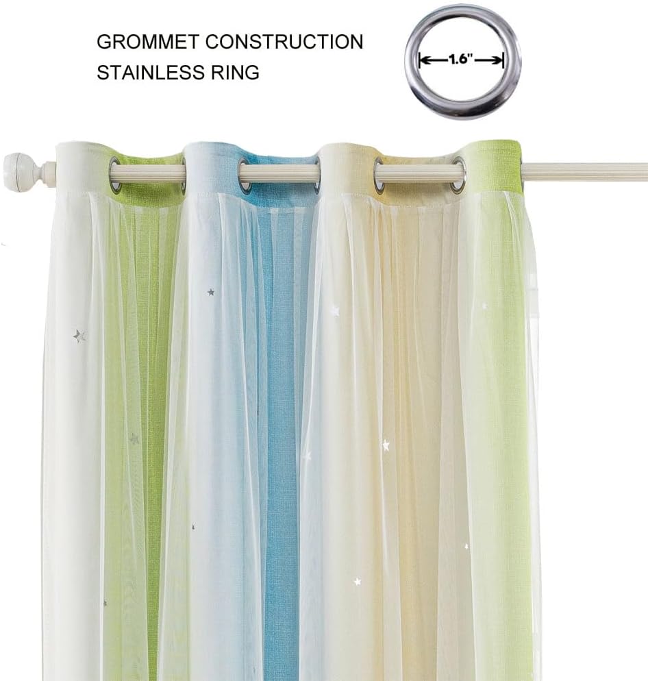 FANLI Ombre Rainbow Blackout Curtains for Kid Girls Bedroom Living Room Darking Stripe Double Layer Star Cut Out Wall Home Decor Gradient Grommet Window Curtains （Blue Green 52Wx72L）
