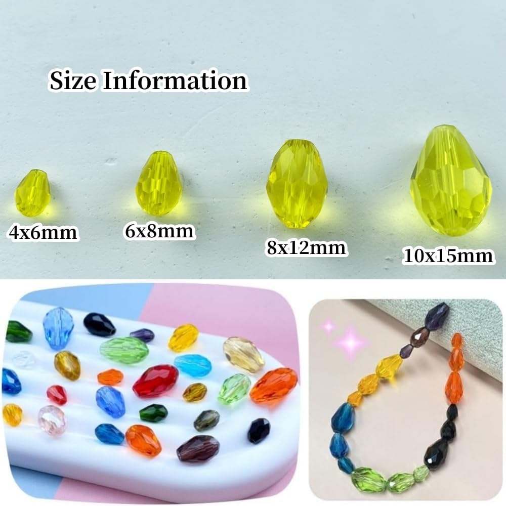 100pcs 8x12mm Teardrop Crystal Glass Beads Vertical Hole Faceted Glass Teardrop Spacer Beads for Bracelets Necklace Earring DIY Jewelry Making Craft(Gold Yellow)