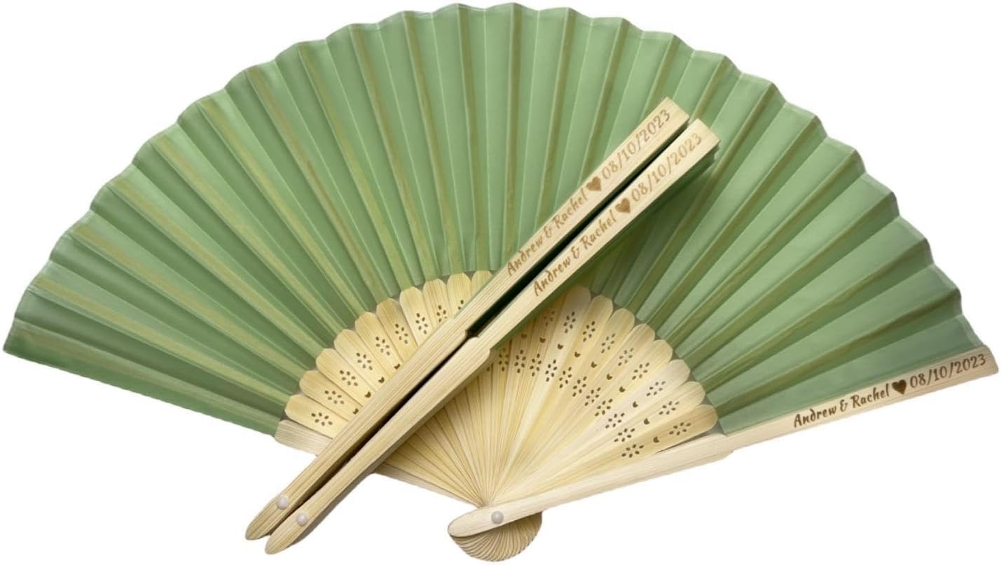 Personalized Wedding Fans Handheld Folding Fans (90Pcs) - Custom Engraved Green Silk Fans for Bridal Shower Favor/Baby Shower Favor, Birthdays Party Gifts/Gifts for Party Guests