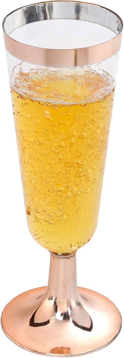 I00000 50 Pack Rose Gold Plastic Champagne Flutes, 5 Oz Fancy Rose Gold Champagne Glasses Plastic Classicware Toasting Glasses Disposable Party Cocktail Cups for Wedding & Party