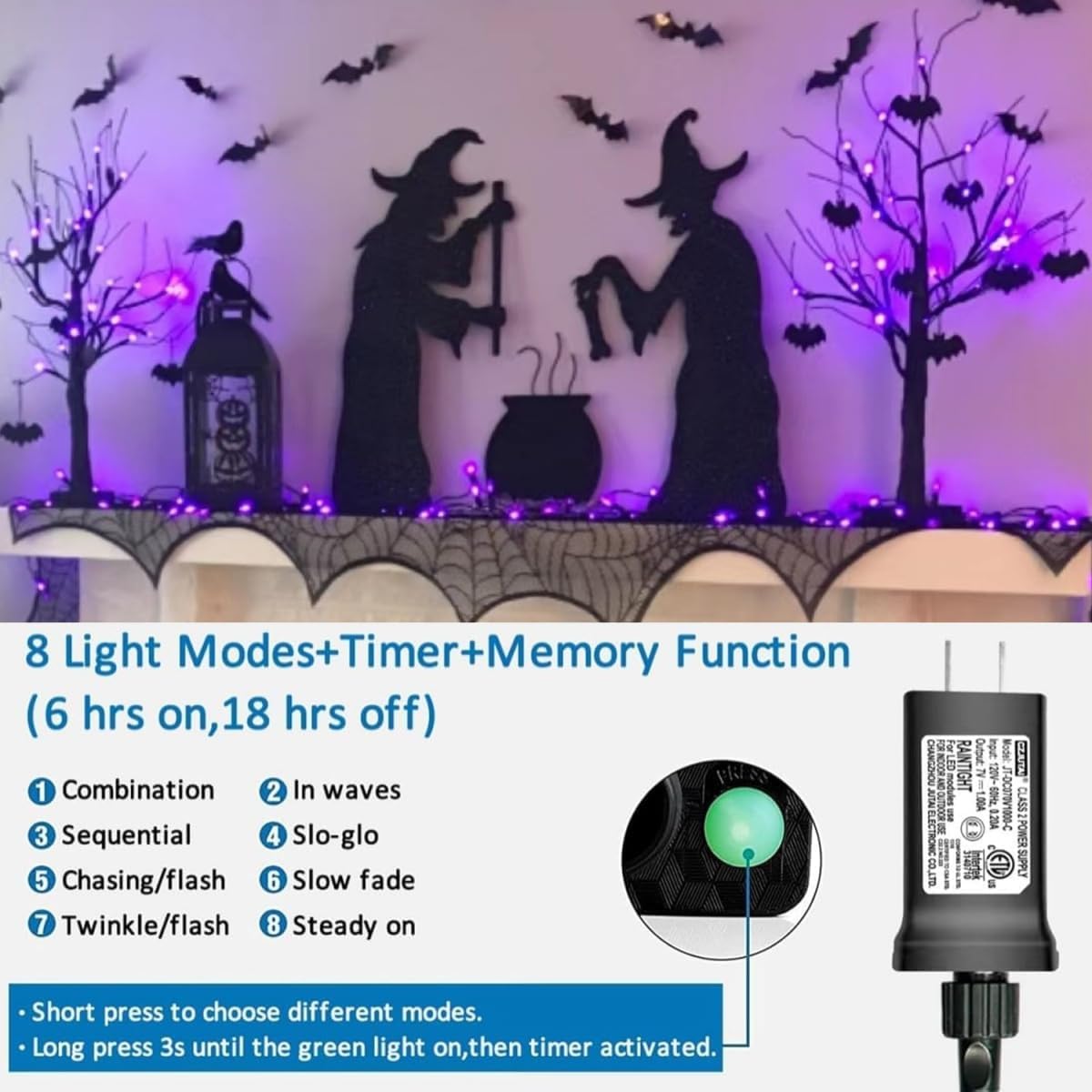 YEGUO 165ft 500 LED Halloween Lights Outdoor Waterproof, 8 Modes Purple String Lights Plug in, Green Wire Christmas Lights Indoor with Timer Memory