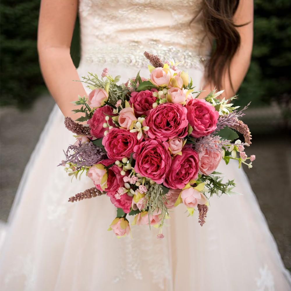 Artificial Peonies Silk Flowers Bouquet in Glass Vase Faux Flowers Bouquets Modern Penoy Arrangement for Home Decoration Table Centerpiece (Bouquet-Rose Red)