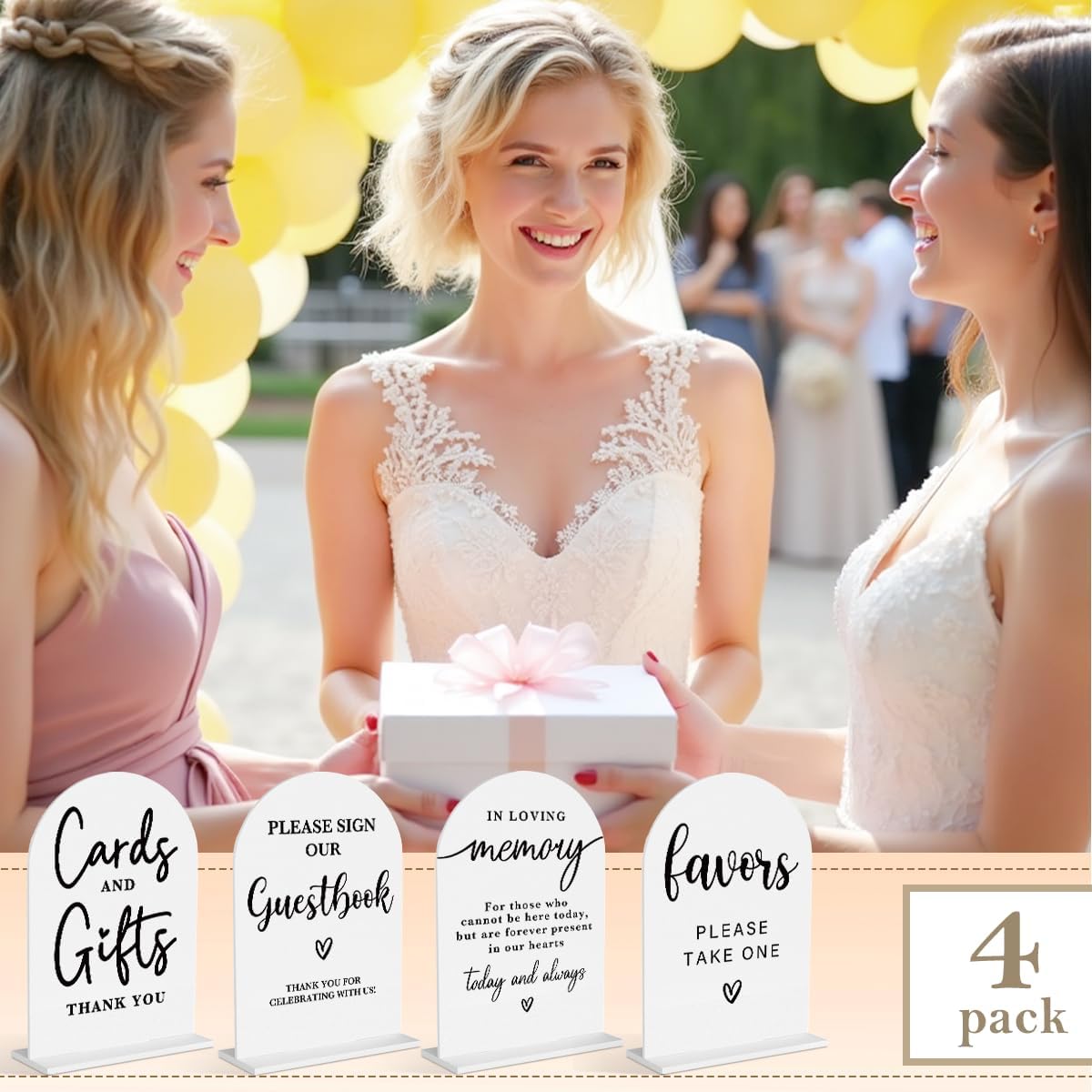 4 Pcs Acrylic Wedding Signs for Ceremony and Reception, Bridal Shower Decorations, Cards and Gifts Signs, Guest Book Sign, Arch Acrylic Table Top Sign with Holder for Wedding Reception (White)