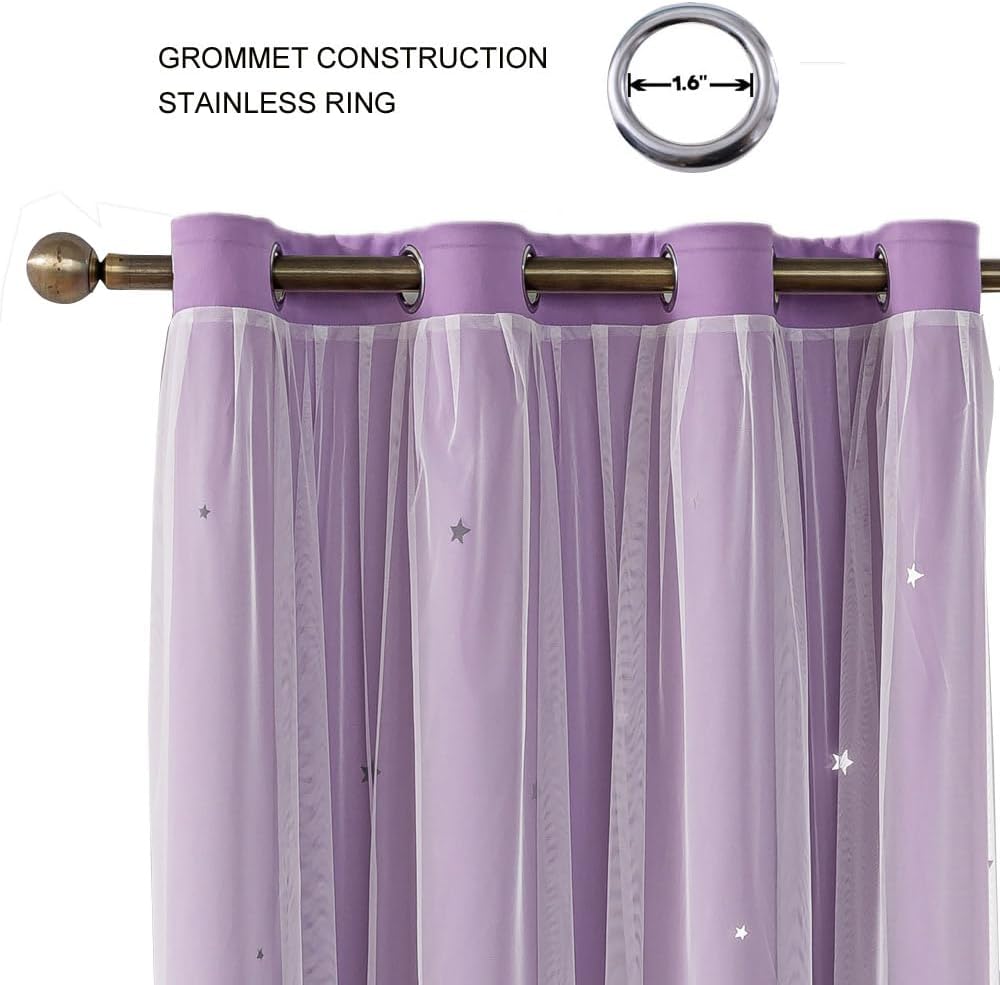 Ombre Rainbow Blackout Curtains for Kid Girls Bedroom Living Room Darking Stripe Double Layer Star Cut Out Wall Home Decor Gradient Grommet Window Curtains (Purple 63L)
