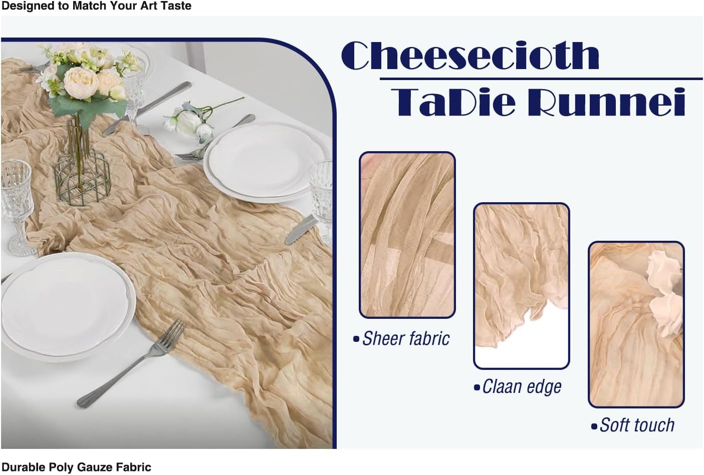 6 Pack Beige Cheesecloth Table Runner 21x120 Inch Boho Wrinkled Sheer Romantic Gauze Decor for Wedding, Bridal Shower, Birthday Party