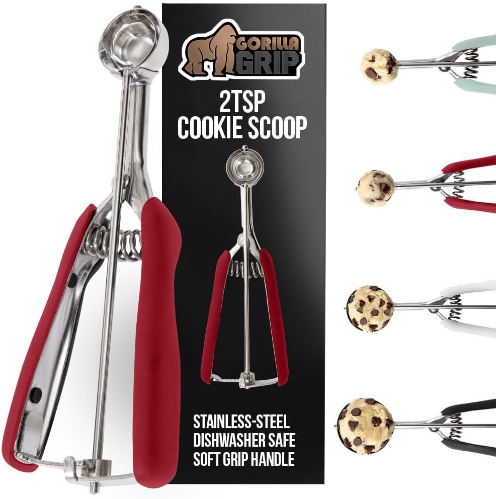 GORILLA GRIP Stainless Steel Cookie Scoop for Baking, 2 TSP, Multipurpose Melon Baller, Meatball Spring Scoops, Perfect Portion Sizes, Easy Food Release, Scooper Size 100, BPA-Free Kitchen Tool, Red