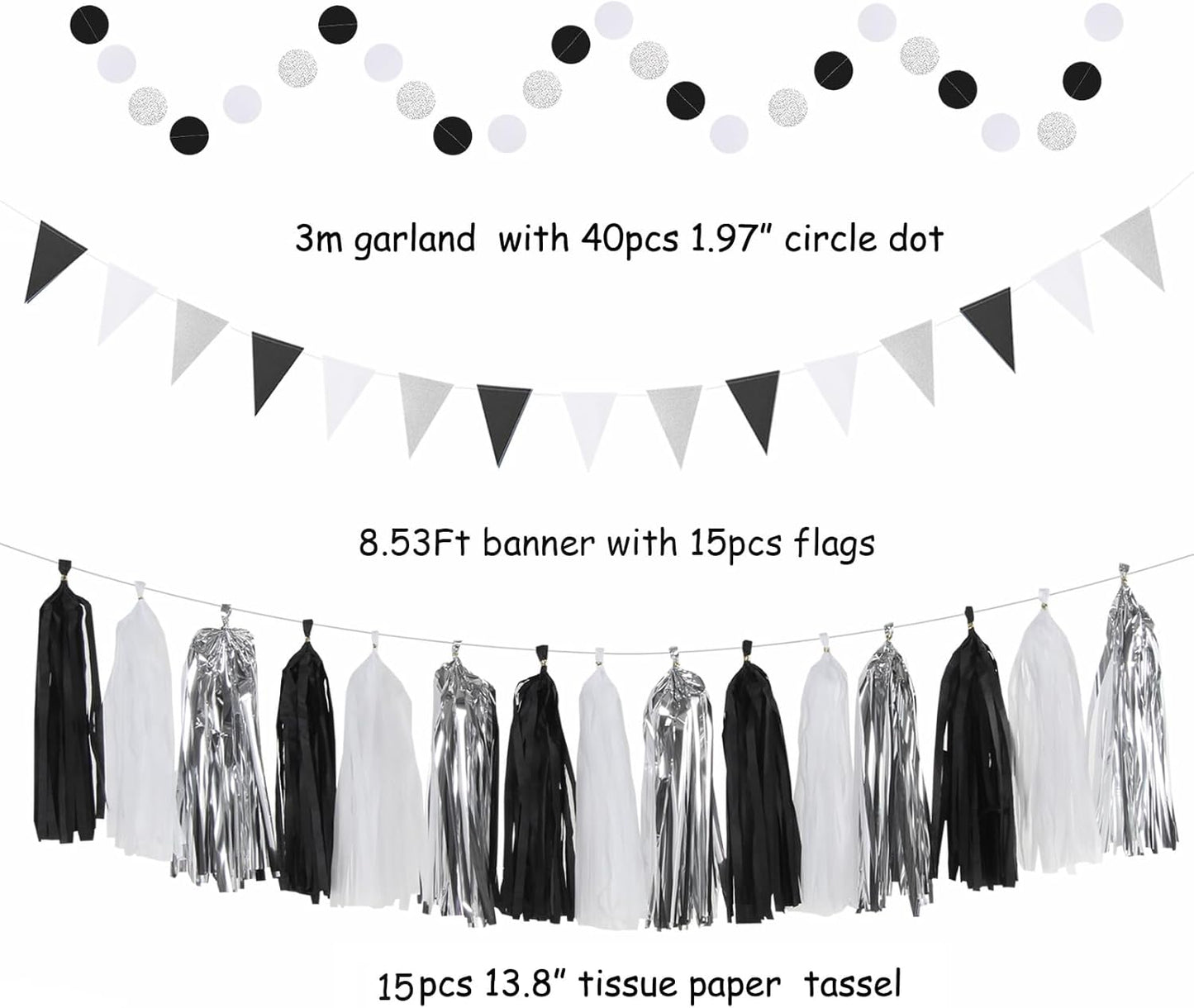 Black White-Silver Party-Decorations - 33pcs Kits Banner,Graduation Streamer Tassel Garland,Tissue Pom Poms Honeycomb,Paper Lantern Fans,Birthday Wedding Baby Bridal Shower New Years Decor Hugtmr
