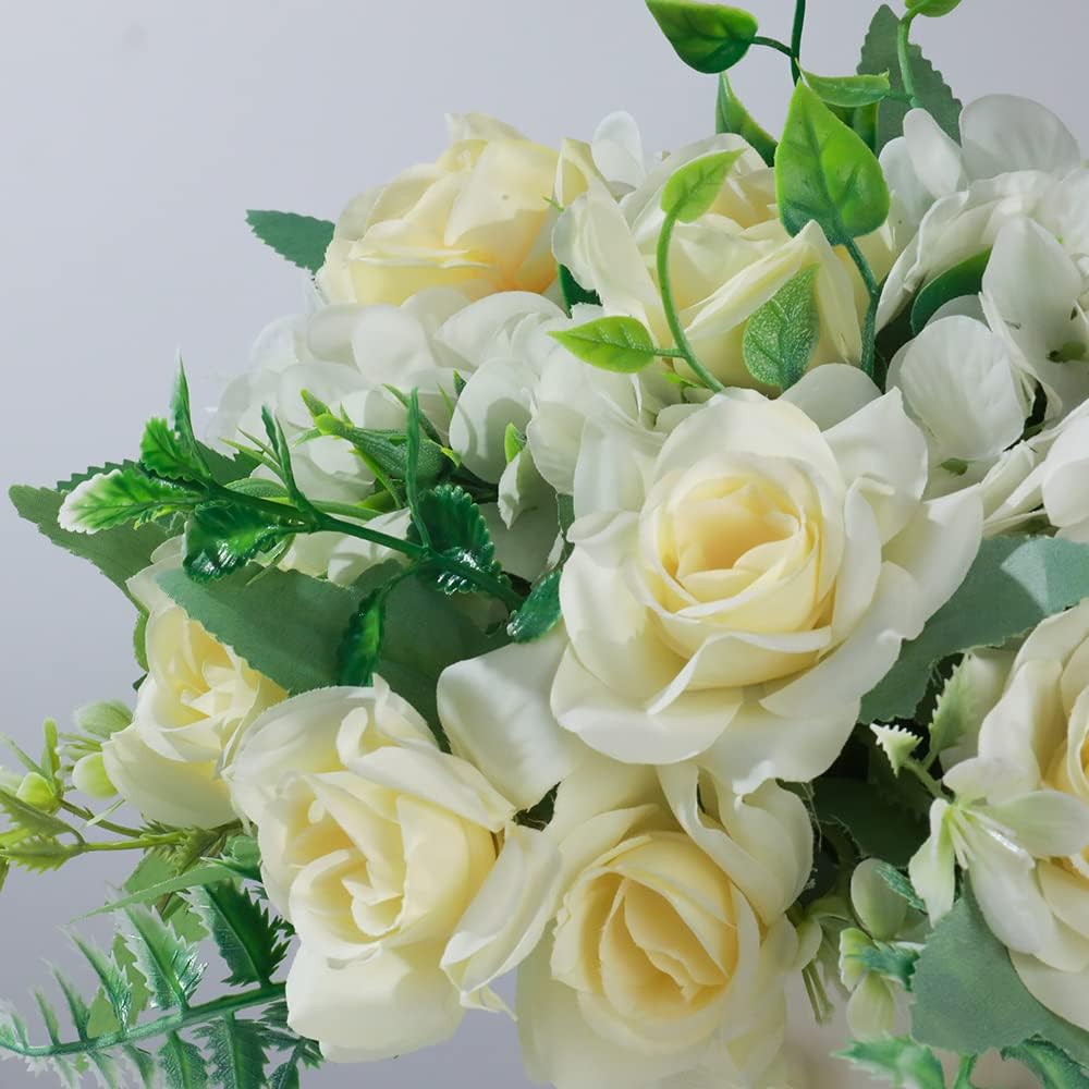 LESING Artificial Rose Silk Hydrangea Flowers Bouquets with Vase Rustic Fake Flowers for Home Decoration Table Centerpiece (White)