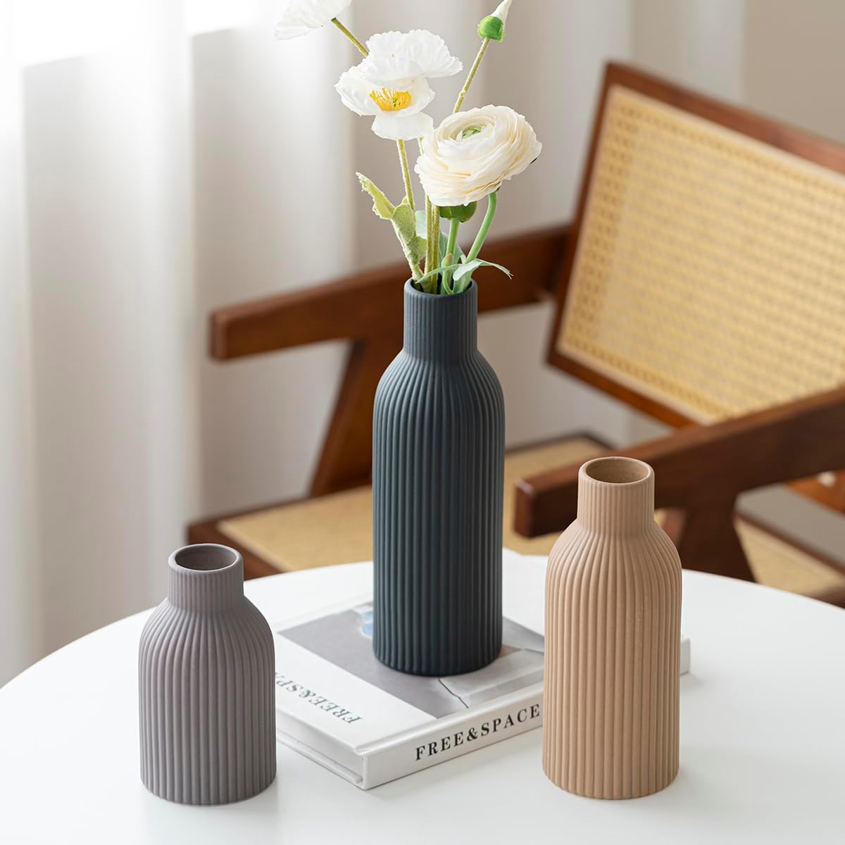 Modern Ceramic Vases Set of 3, Black Ribbed Decorative Vases, Shelf Table Centerpiece for Home Decor (Black Mix)