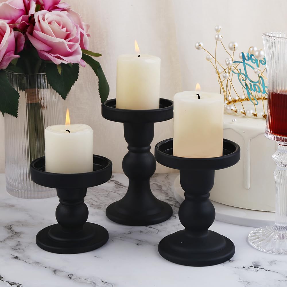 6-Piece Set of Black Glass Candlestick, Crystal Candlestick Holder Holder and Conical Candle, Christmas Candle Holder Decoration, Family Living Room Wedding Candle Holder (black2sets)