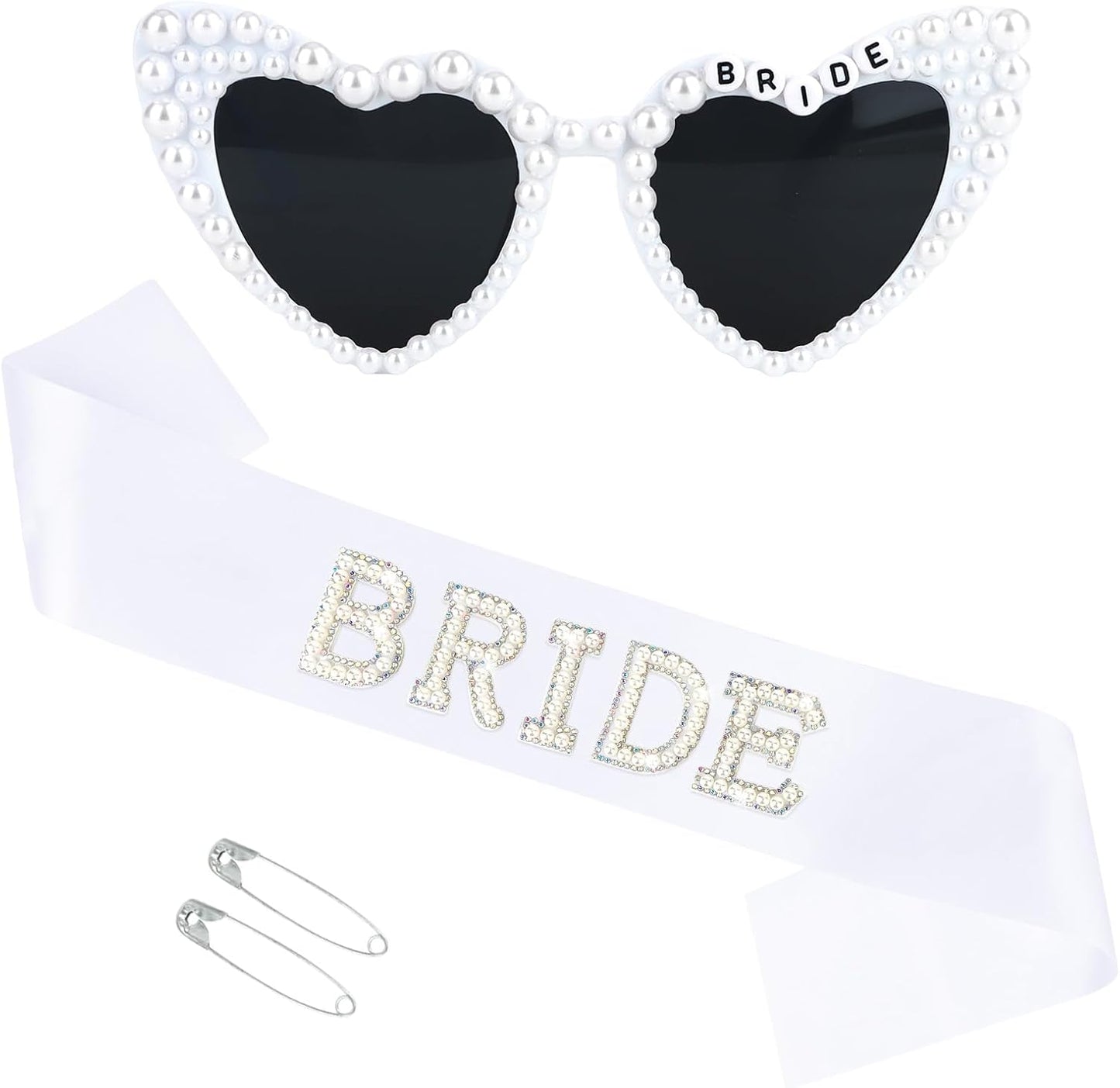 White Bride Sash & Heart Sunglasses Set Bachelorette Party Decorations Bridal Shower Engagement Party Decorations