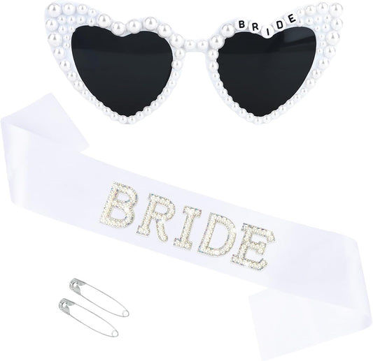 White Bride Sash & Heart Sunglasses Set Bachelorette Party Decorations Bridal Shower Engagement Party Decorations