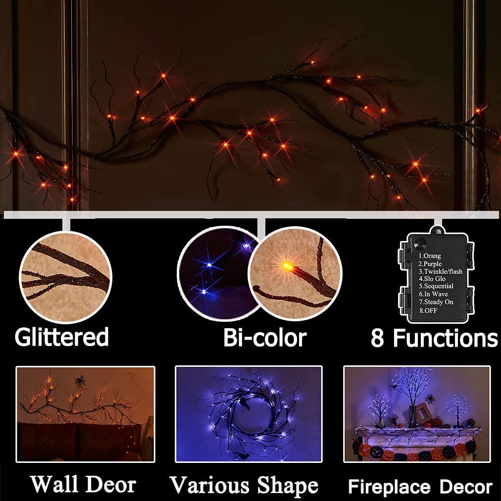 Hairui Lighted Halloween Garland with 48L Orange and Purple Bi-Color LED Lights 8 Functions, Black Glittered Garland Lights Battery Operated 6FT for Indoor Outdoor Halloween Party Decoration