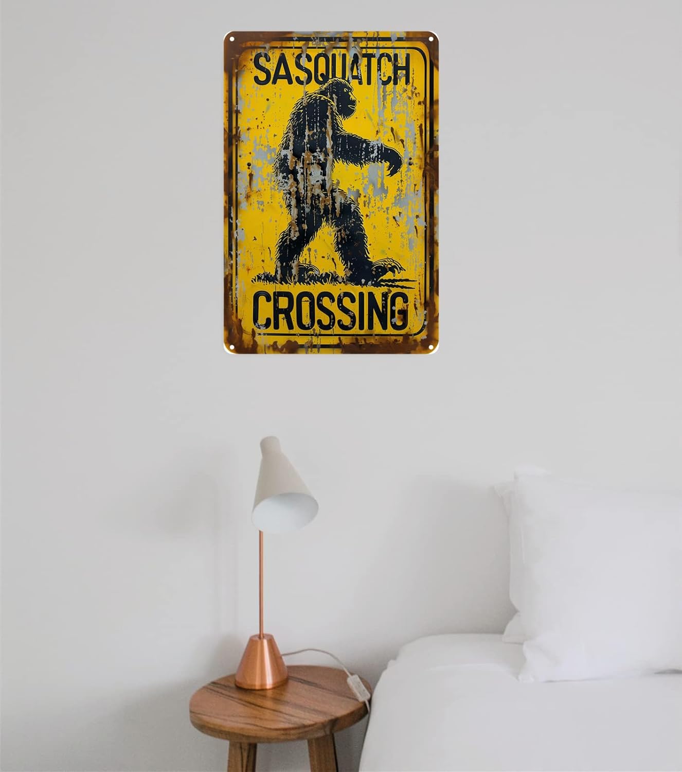 Retro Funny Metal Tin Sign - "Sasquatch Crossing" Outdoor Wall Décor, Vintage Sign for Home, Garden, Garage, or Cabin Decoration, 8 x 12 Inches