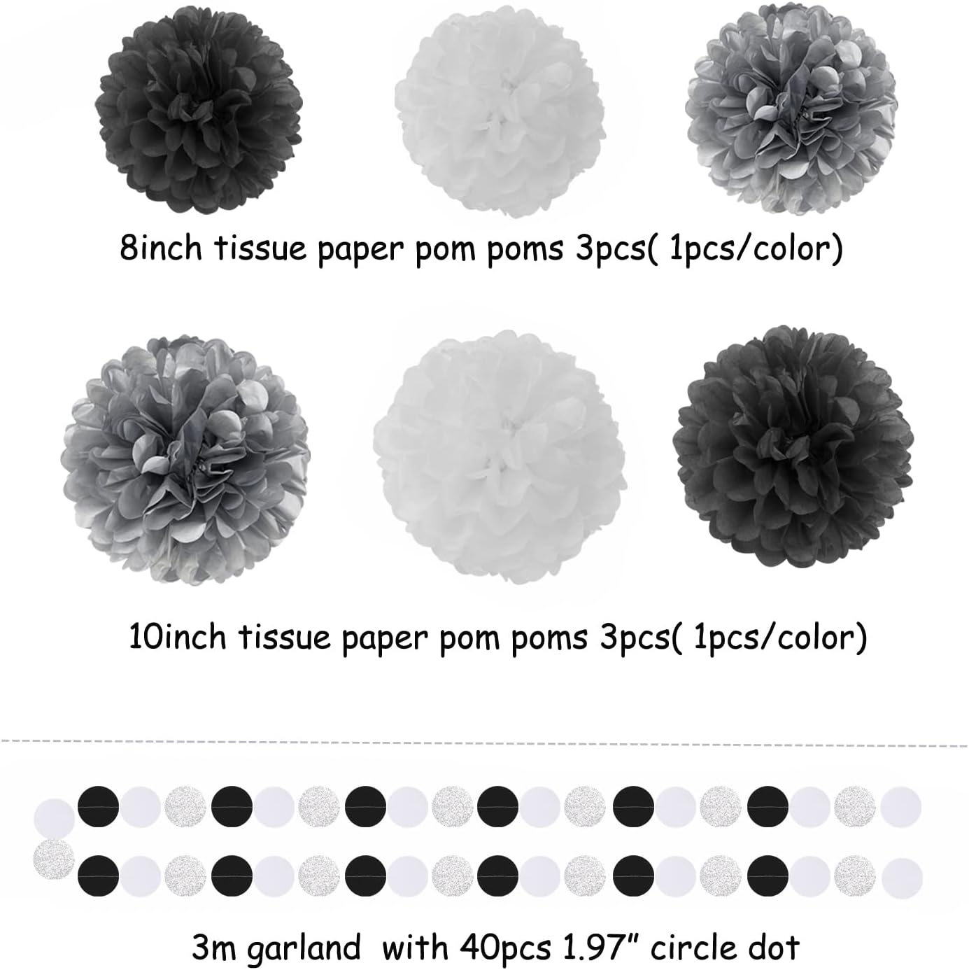 Black White Silver Party-Decorations Streamers - 23pcs Tissue Pom Poms, Graduation Men Boys Birthday Tassel Garland Banner,Wedding Baby Bridal Shower New Years Decor Lasting Surprise