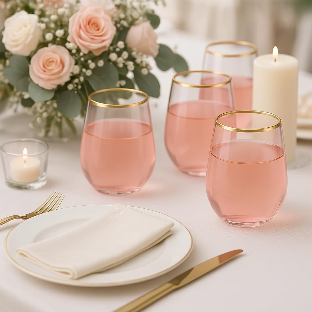 40 count Unbreakable Stemless Plastic Wine Champagne Whiskey Glasses Elegant Durable Disposable Indoor Outdoor Ideal for Home, Office, Bars, Wedding, 12 Ounce Cups (Pink Matte Gold)