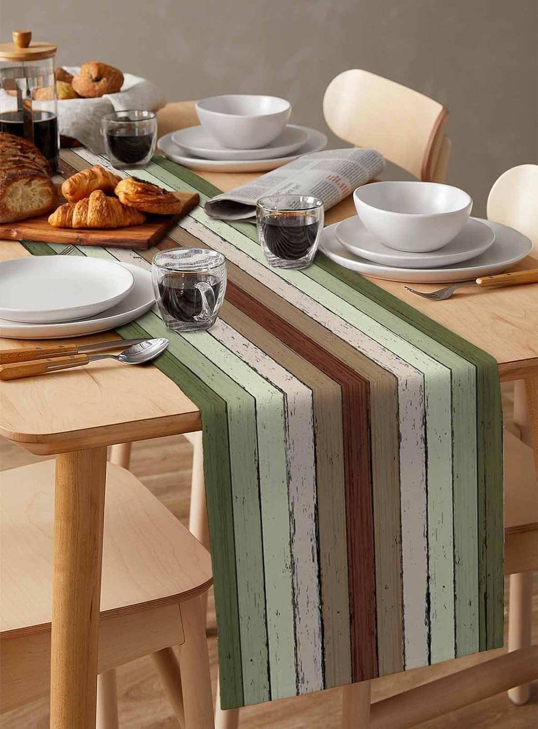 Sage Green Wooden Cotton Linen Table Runner for Dining Kitchen, Wedding Outdoor Party Tablerunners Decoration, Vintage Country Retro Distressed Grain Dresser Scarf Coffee Tablecloth Runners 13''x90''
