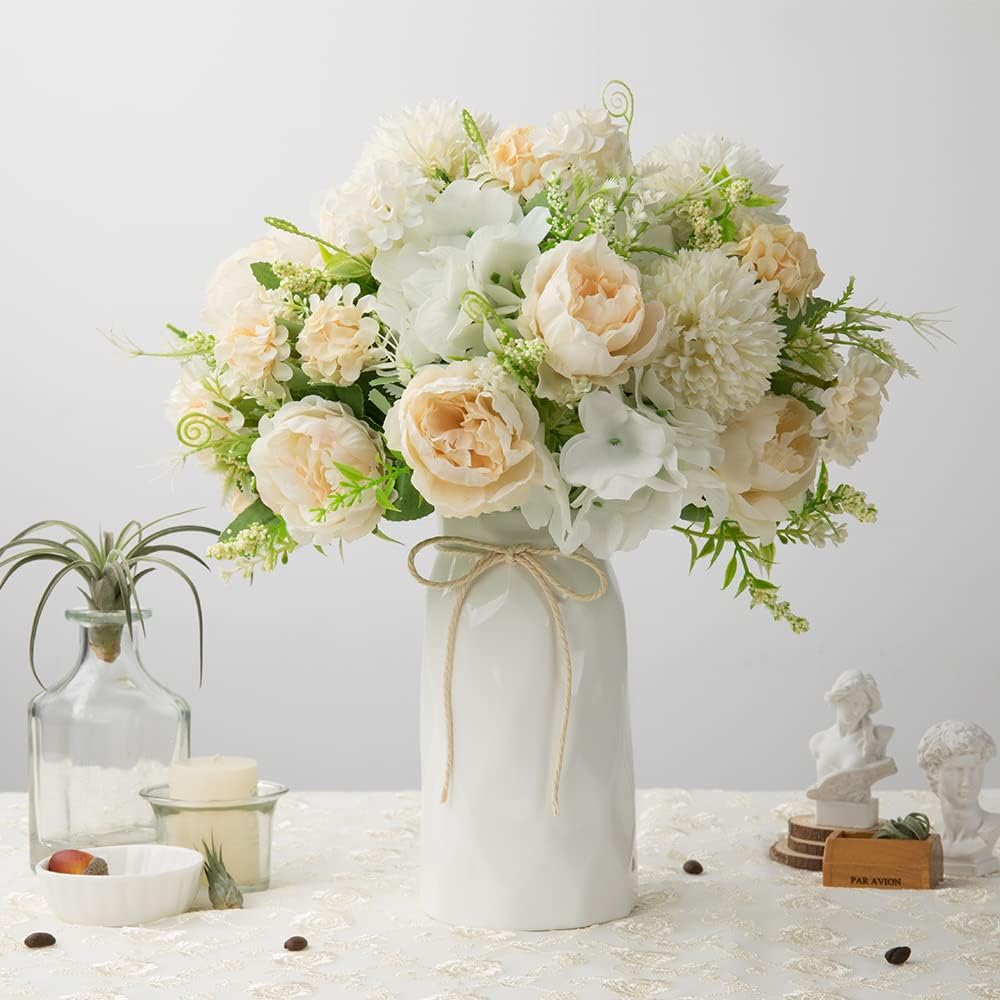LESING Artificial Peony with Vase Silk Flowers Bouquets Fake Hydrangea Bulks for Home Table Centerpieces Wedding Decoration(White-1)