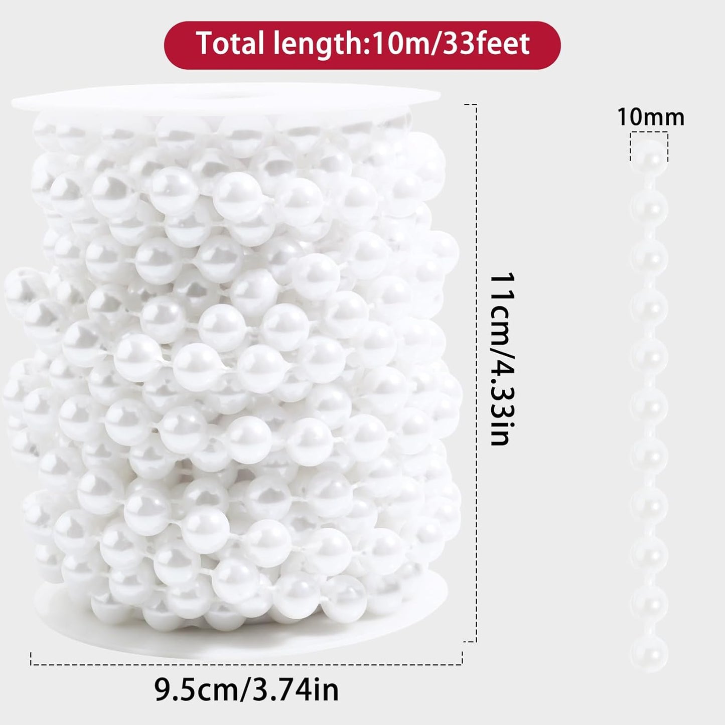 Pearls String Beads 33 Feet Crafts Faux Pearl Roll for Christmas Garland Flowers Wedding Party Jewelry Decoration(10mm White)