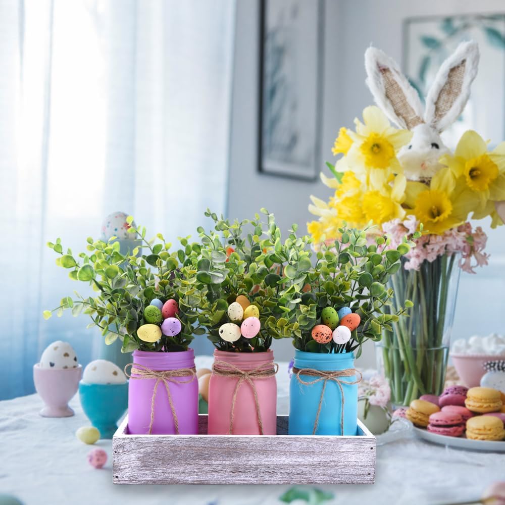 DIYDEC 3PCS Easter Mason Jars 3 * 5Inch Easter Painted Tiered Tray Decorative Jars with Wood Tray &Artificial Flowers Farmhouse Bottles for Holiday Spring Home Table Centerpiece Decor Gifts