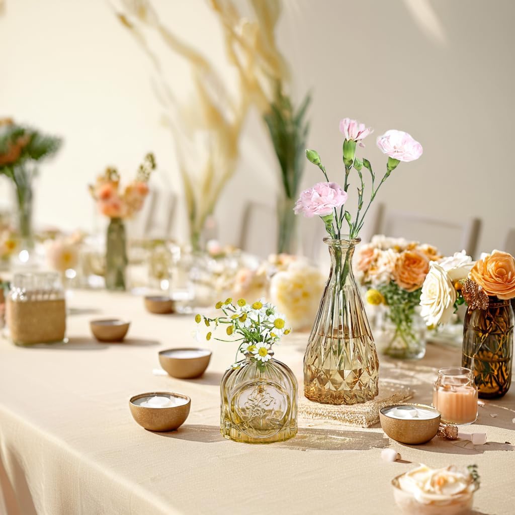 Amber Glass Bud Vases Set of 12, Gold Mini Flower Vase for Centerpieces, Small Vases in Bulk for Wedding Decorations, Vintage Vase for Table, Recepetion, Home Décor