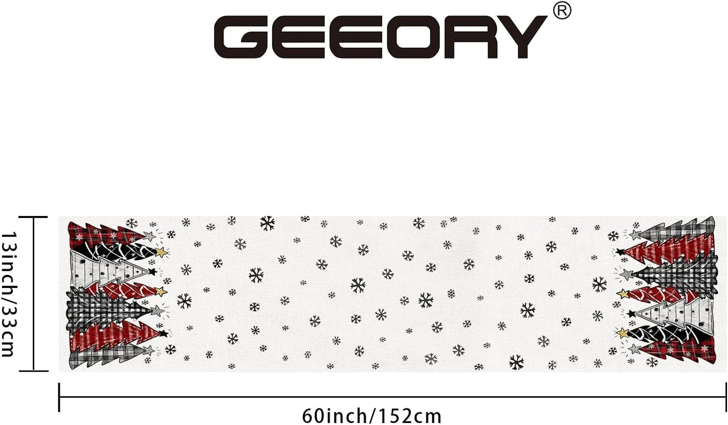 GEEORY Christmas Table Runner 13x60 Inch, Xmas Tees Snowflakes Holiday Decorative Farmhouse Table Decoration for Kitchen Dinning, Indoor Outdoor Dinner Party Decor ((Red & Black) GT165-60