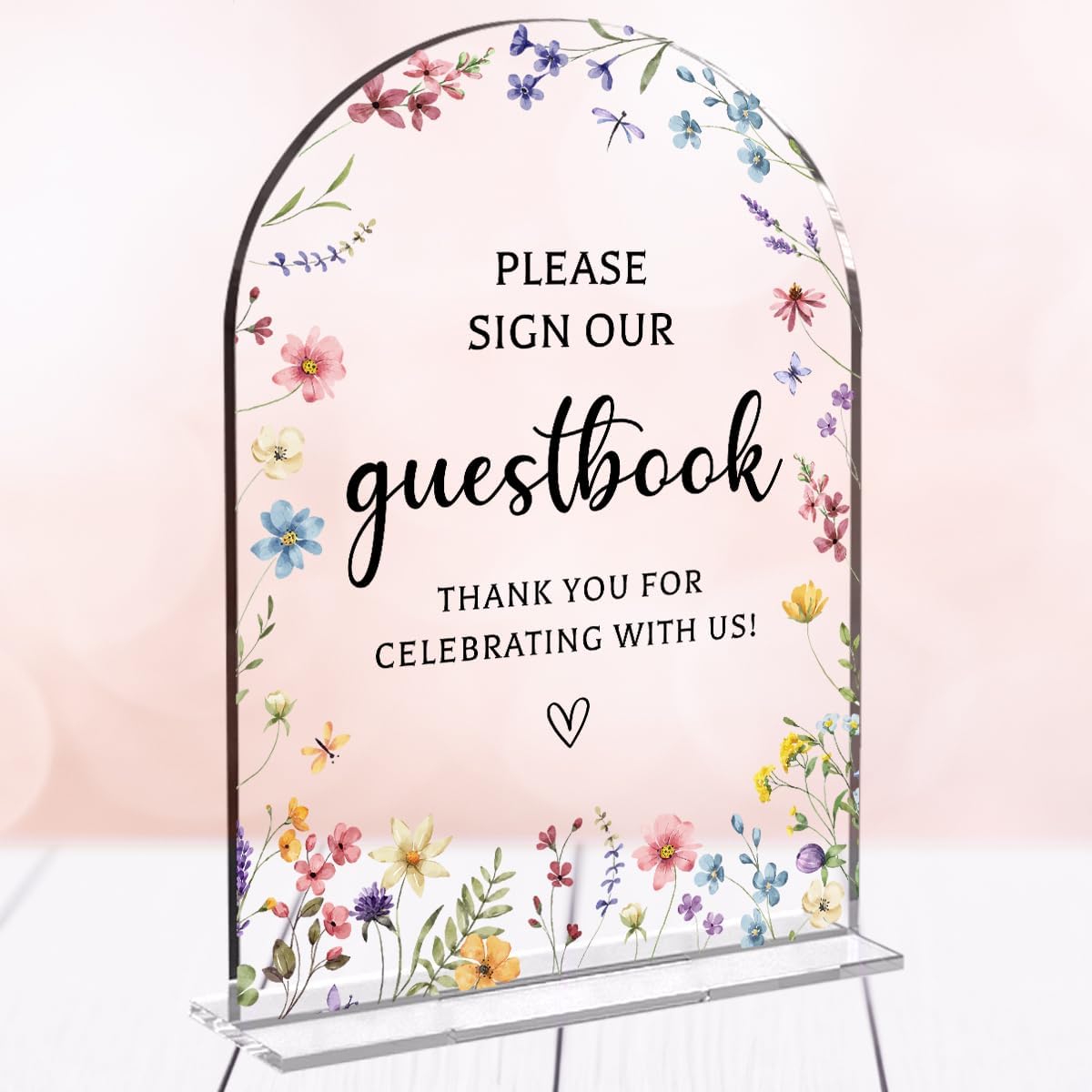 Wedding Sign Decor, Photo Guest Book Sign, 5x7 Inch Arch Acrylic, Wedding Sign for Reception & Event, Bridal Shower Decorations, Wedding Table Sign Accessories for Anniversary And Party (Flower)