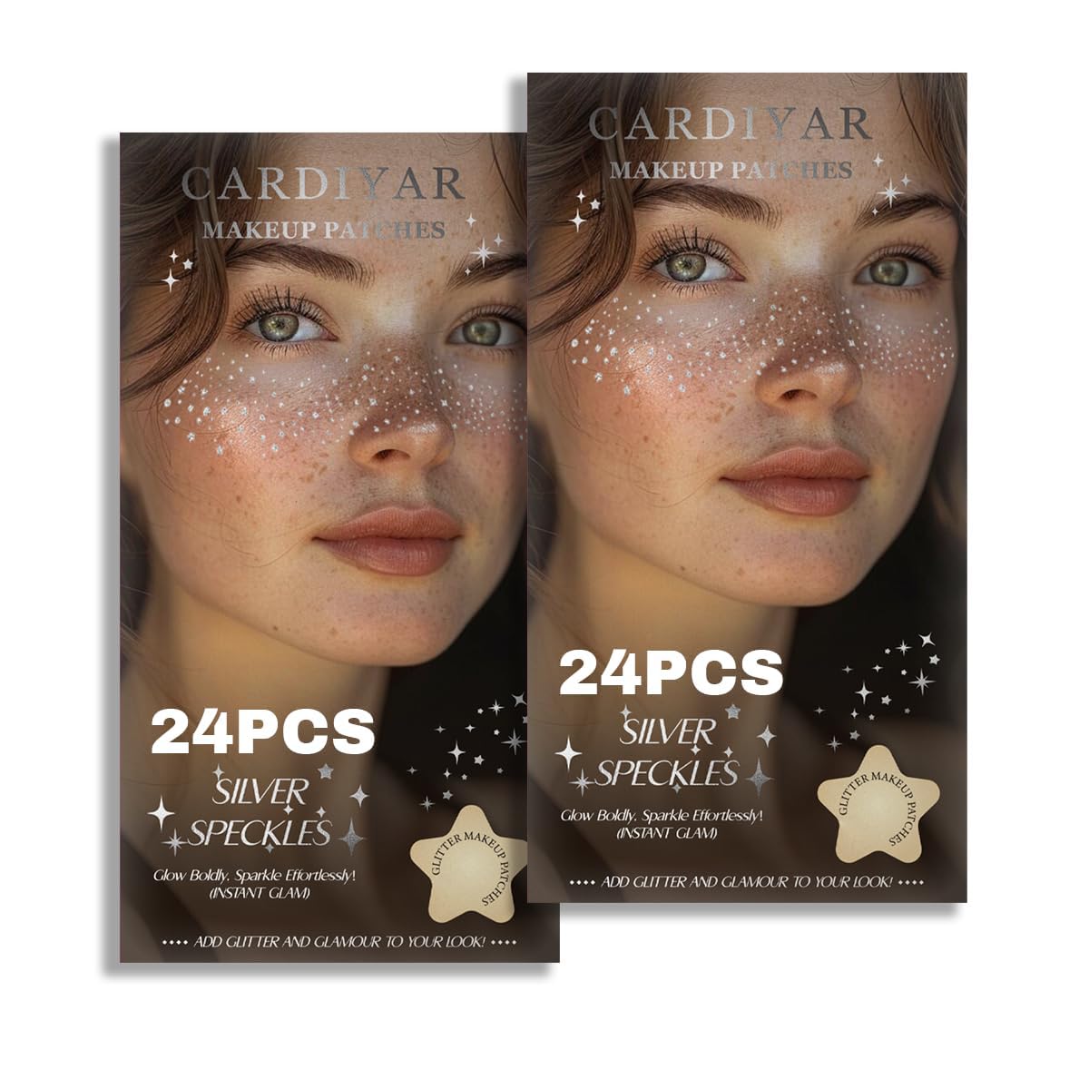 Glitter Freckles, 24PCS Glitter Freckles Face Tattoo, Sparkle Freckles for Women, Waterproof Gold Temporary Face Tattoos Glitter Glow Up Patches Makeup Patches (Silver 2Packs)