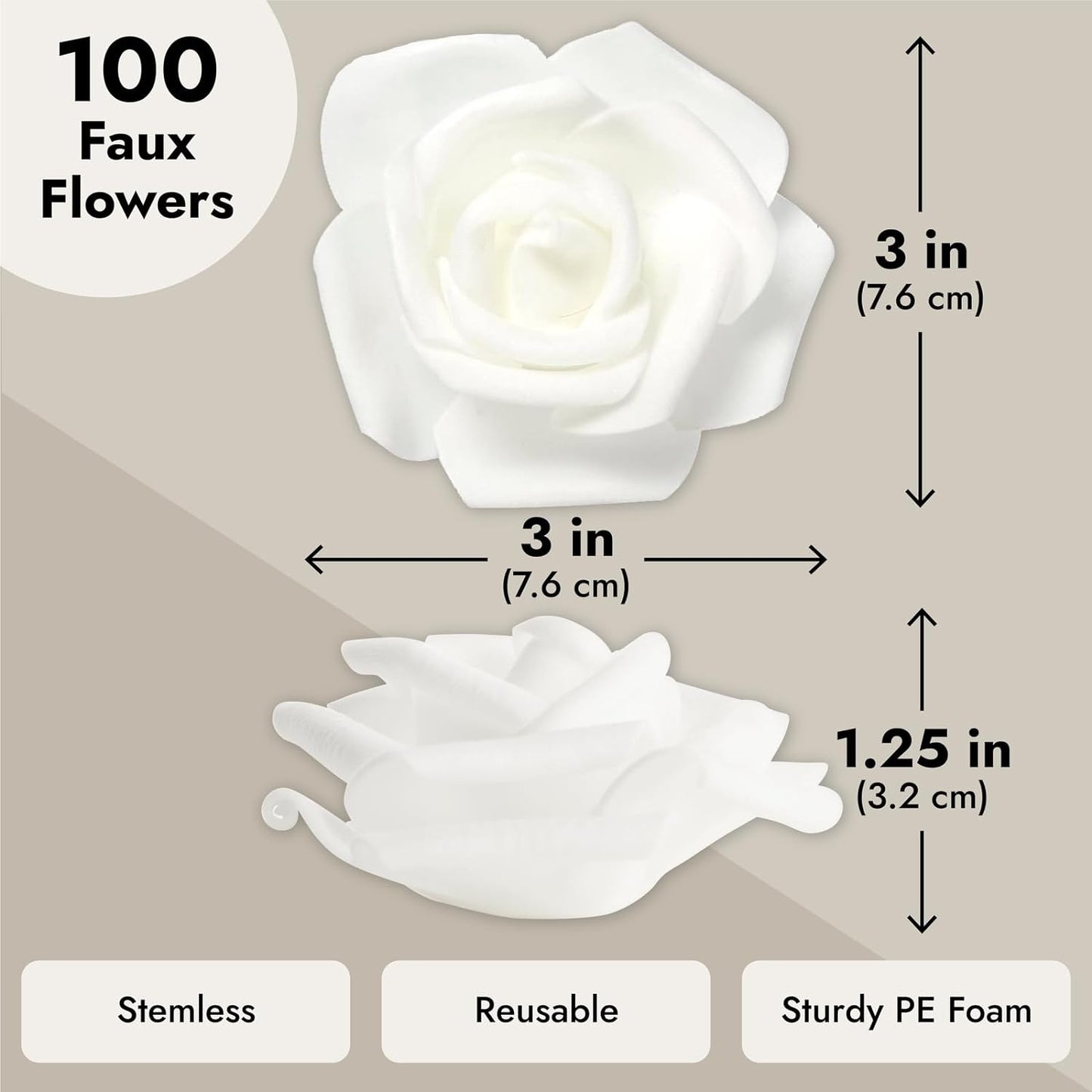 Juvale White Flowers Artificial Roses - Artificial Flowers for Wedding Decor & Centerpiece Table Decorations - 100-Pack, 3 in Diameter, White