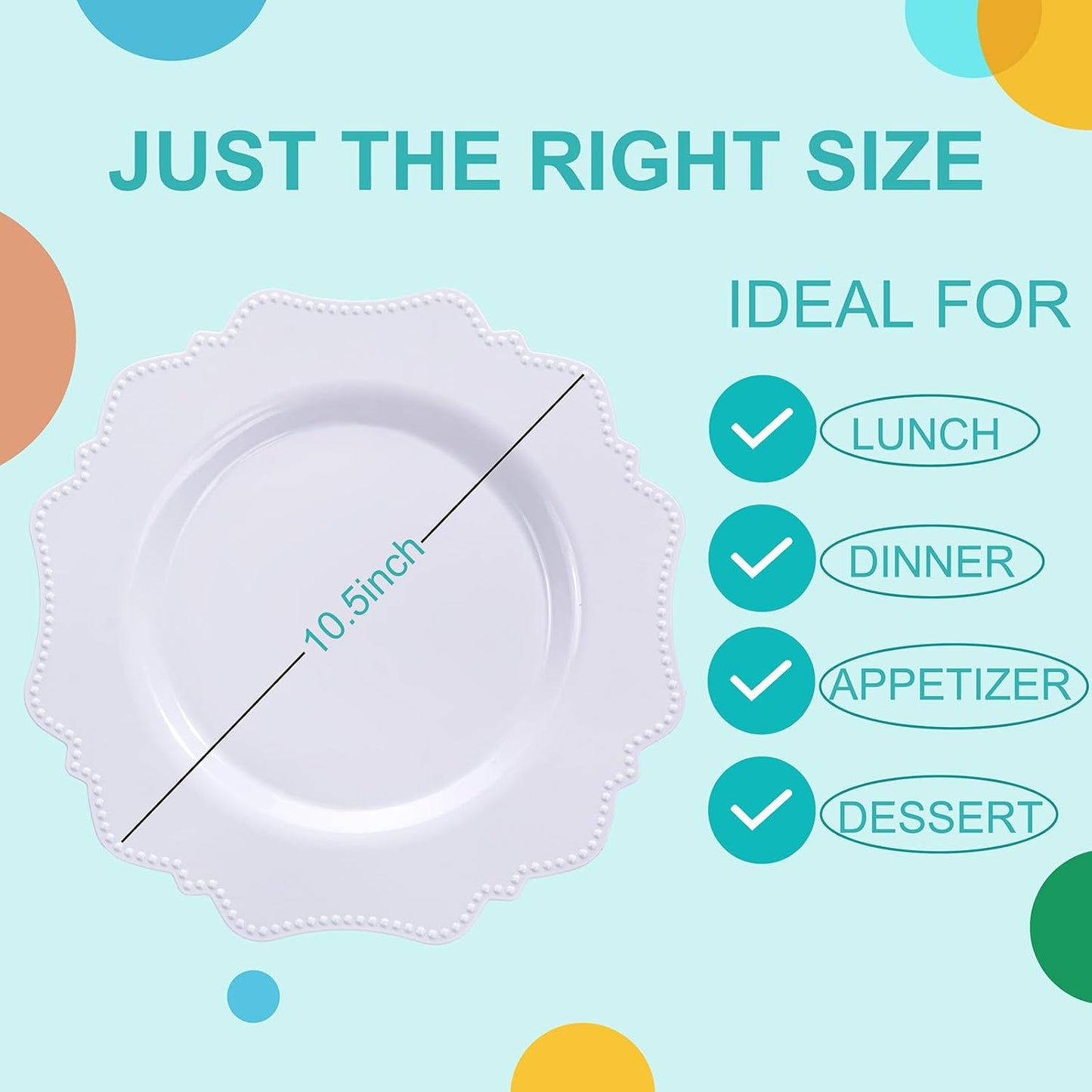 COLOSUS 100pcs 9.5 Inch-White Plastic Dinner Plates, Fancy White Plastic Plates,Heavy Duty Disposable Dinner Plates for Party Wedding and Everyday Use