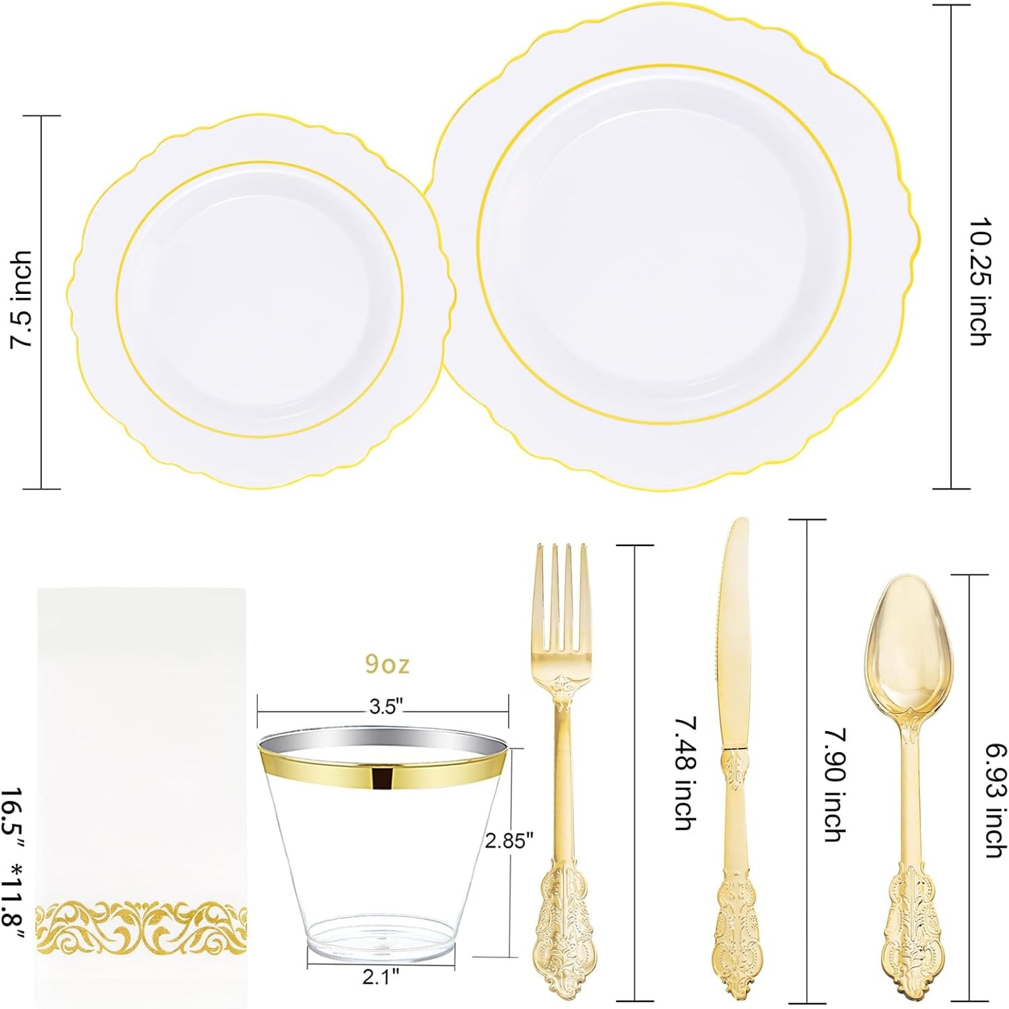 350 Pieces Gold Disposable Plates for 50 Guests, Plastic Plates for Party, Dinnerware Set of 50 Dinner Plates, 50 Salad Plate, 50 Spoons, 50 Forks, 50 Knives, 50 Cups for Thanksgiving