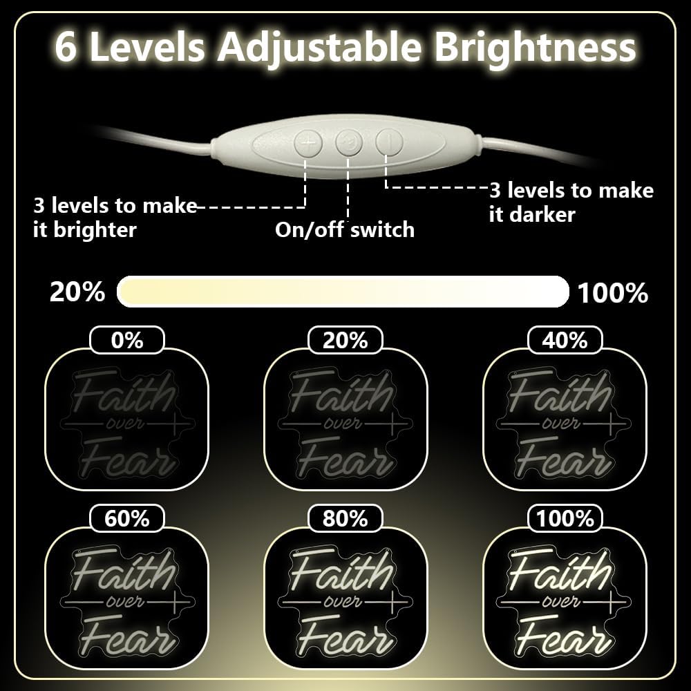Faith Over Fear Neon Sign,Christian Dimmable LED Light Signs for Wall Art Decor,Warm White Backdrop for Bedroom Club Party Man Cave,Gift for Teen Men USB Powered（13.8"*11.6"）