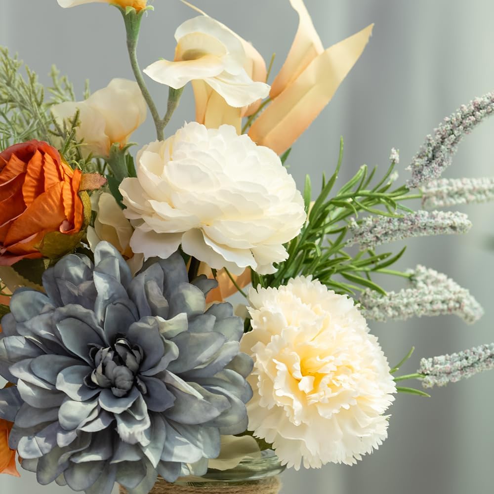 LESING Dahlia Flower Aritificial Flower with Vase Fake Silk Flowers in Glass Vase Faux Rose Flowers Arrangement for Home Office Table Centerpiece Decoration (Blue)