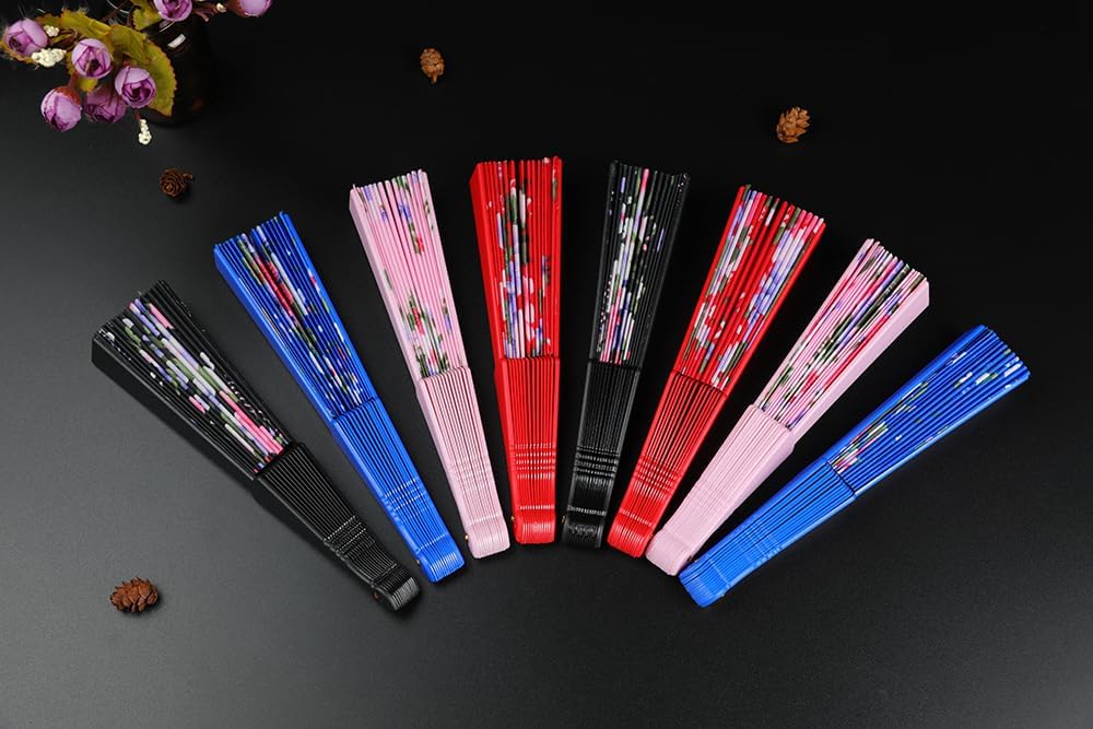 HUNANBANG 1 Dozen Oriental Flowers Japanese Folding Hand Fans Spanish Church Wedding Vintage Gift, Party Favors, DIY Decoration retro Gift Size 8 1/4" Wholesale (12pack)