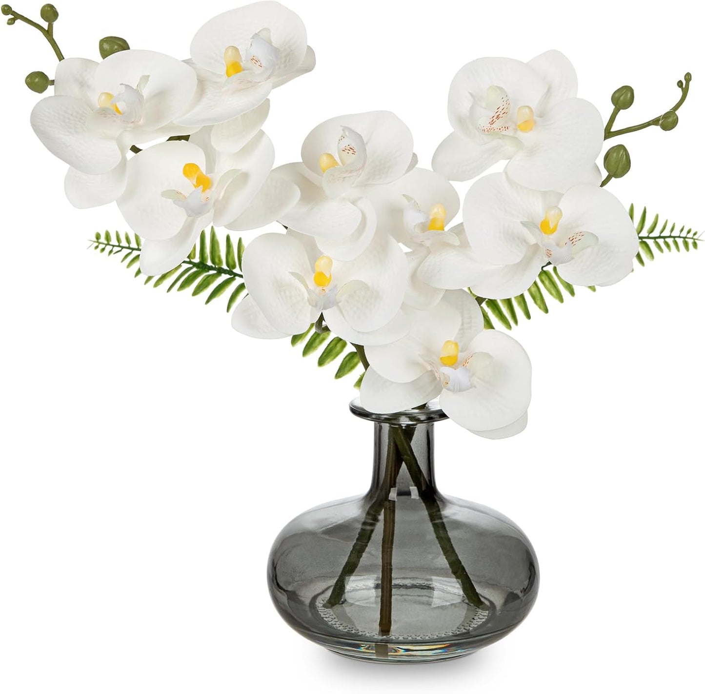 White Orchids Artificial Flowers with Vase, Small Faux Orchid Arrangement Fake Flower in Woven Glass Vase Black and White Decor Small White Centerpieces for Kitchen Dining Room Tables Bathroom Decor