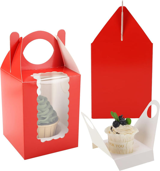 Individual Cupcake Boxes 4x4x5 Inches Disposable Pastry Tray Boxes, With Window Insert and Handle, Perfect for Parties, Birthdays, Bakery Wrapping and Events Containers (Red-50Pack)