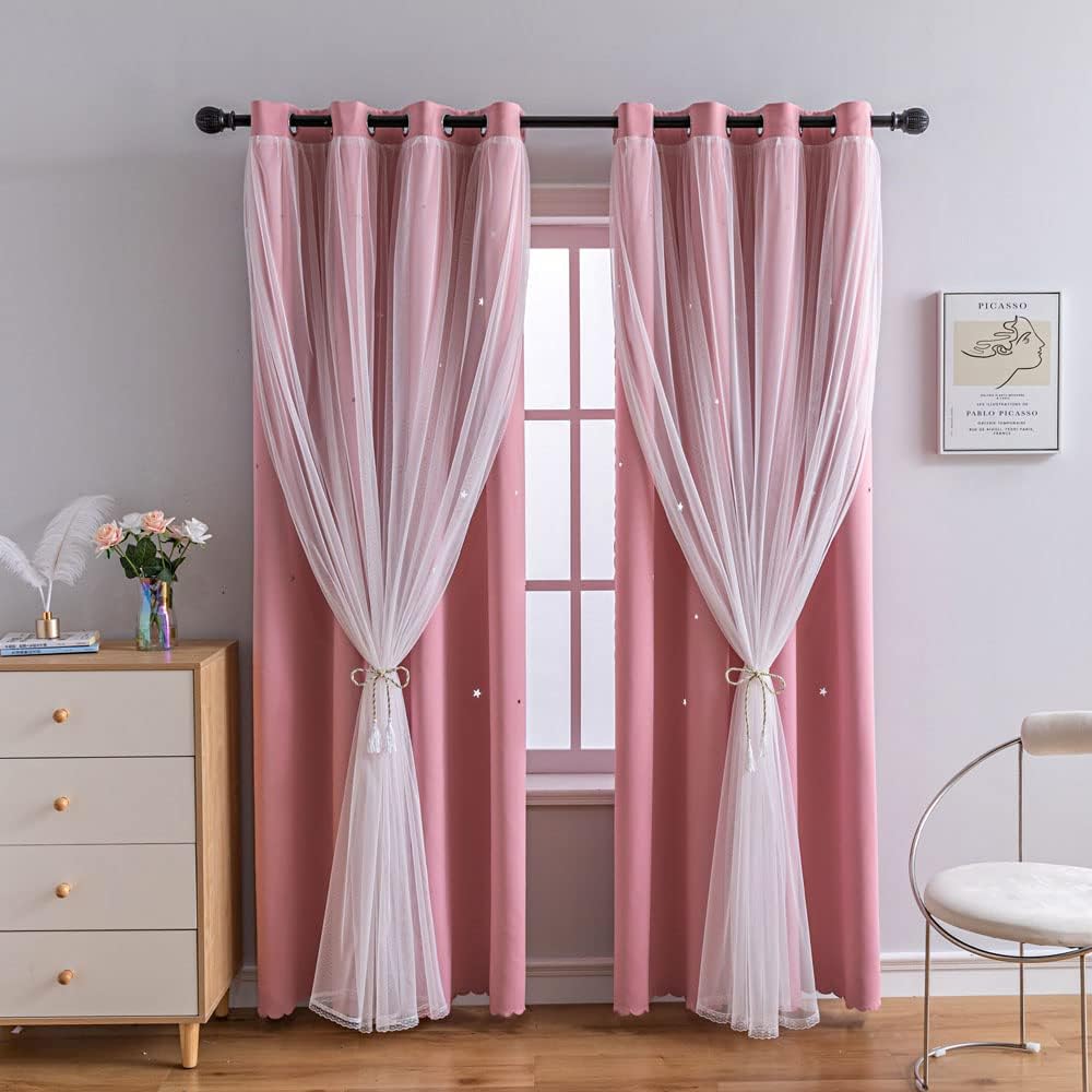 FANLI 2 Panels Star Blackout Curtains for Kid Girls Bedroom Living Room Darking Stripe Double Layer Star Cut Out Wall Home Decor Gradient Grommet Window Curtains (Pink 63L)