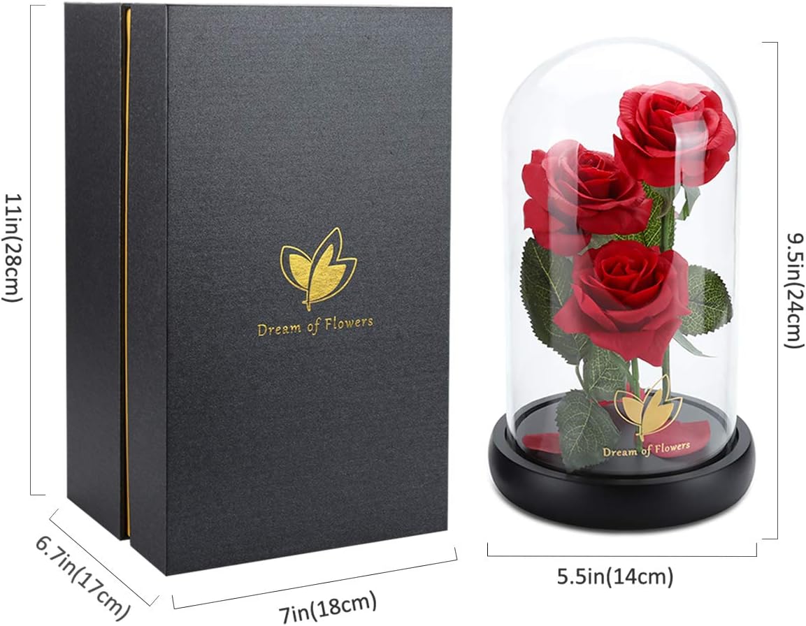 Beauty and The Beast Rose,Eternal Flower with 40 LED Lights Up in Glass Dome,Gifts for Mom,Birthday Gifts for Women,Wife,Girlfriend,Graduation,Anniversary,Christmas,Mothers Day-Classic Red Rose