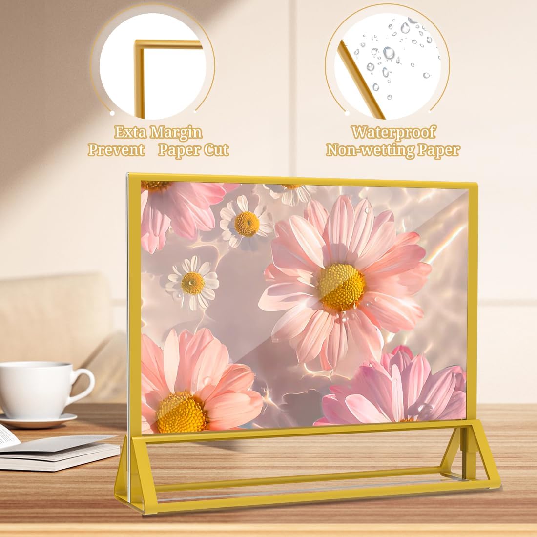 Clear Acrylic Sign Holder 7x 5 Horizontal Double Sided Gold Frame Flyer Holder for Wedding Table Number Menu Holder (6pcs)