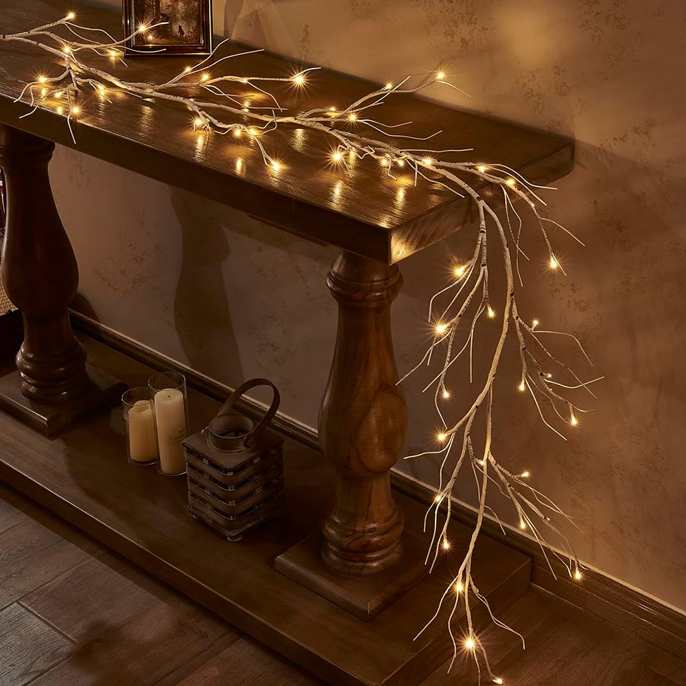 Hairui Birch Garland with Lights 6FT 48 LED Battery Operated, Lighted Twig Vine with Timer for Christmas Home Fireplace Decoration Indoor Outdoor Use
