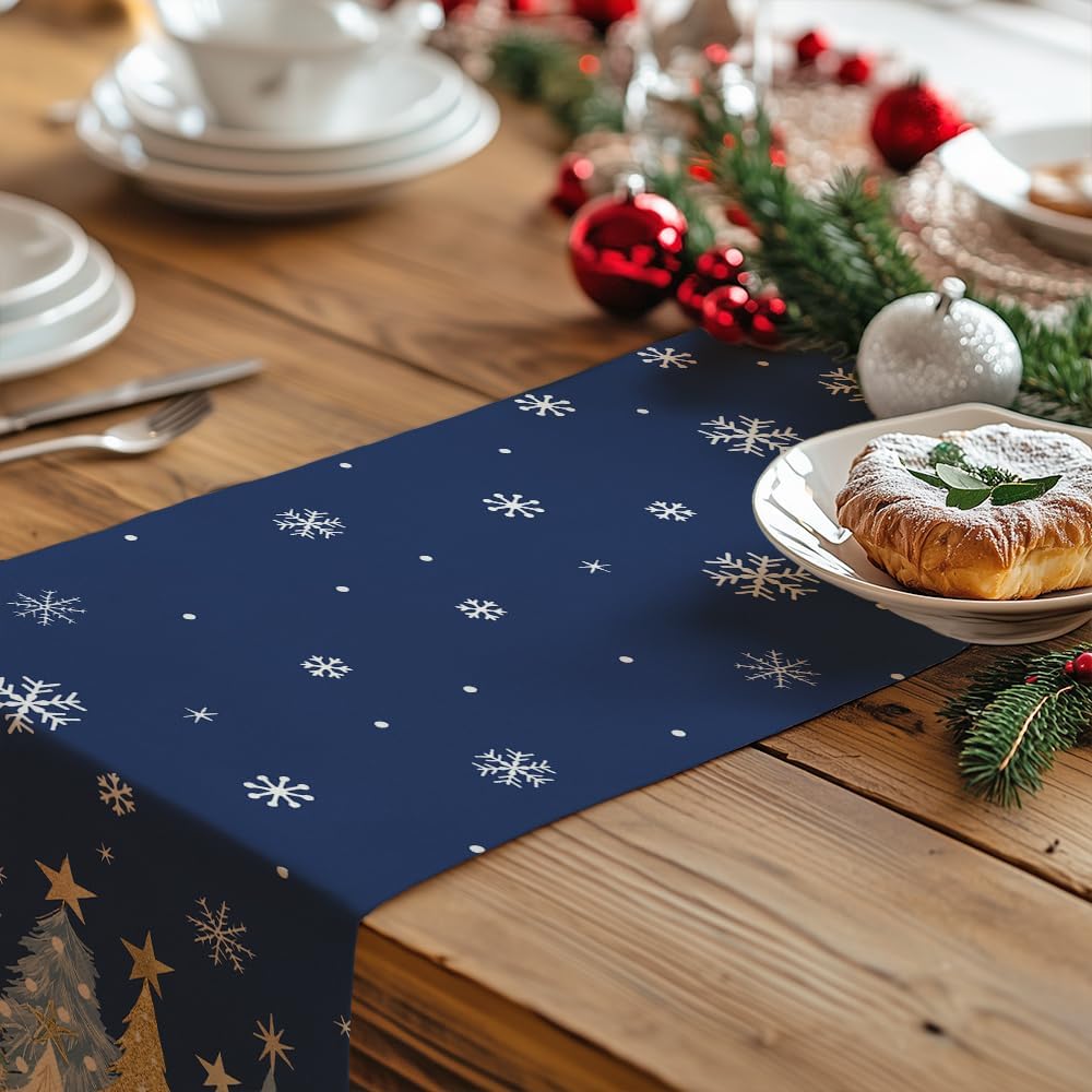 GEEORY Christmas Table Runner 13x48 Inch, Xmas Trees Snowflakes Holiday Decorative Farmhouse Table Decoration for Kitchen Dinning, Indoor Outdoor Dinner Party Decor (Blue) GT151-48