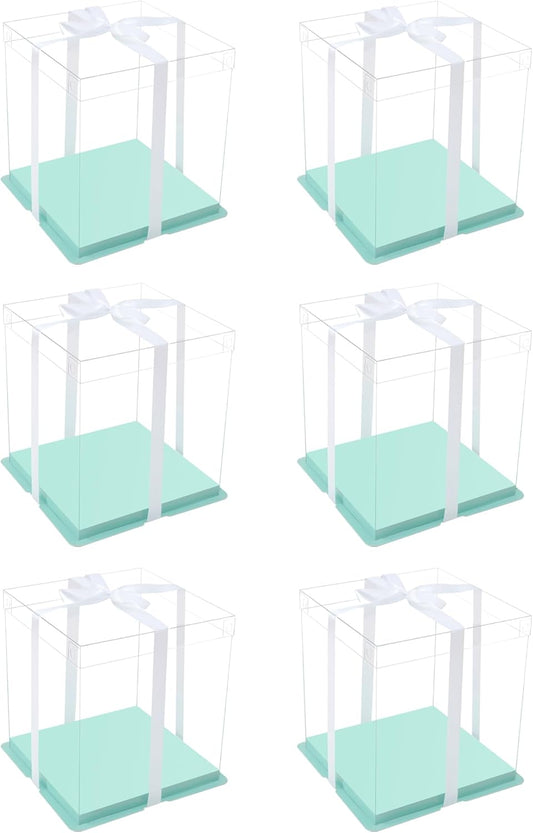XININSUN clear cake box with ribbon,8inch 10inch cake boxes,transparent tall cake box cake carrier,Cake Containers clear gift box for Wedding,Birthday,Party(6pcs-green)