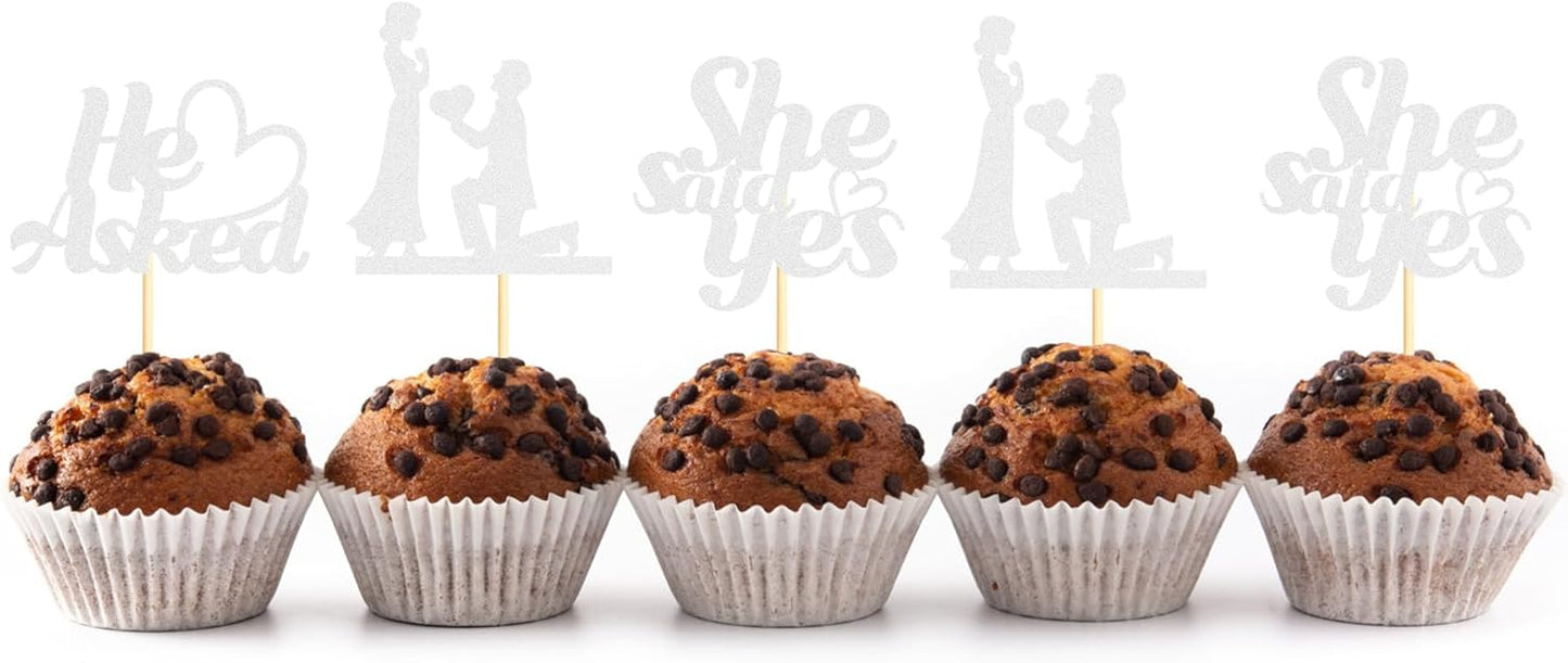 Sotpot 24PCS He Asked She Said Yes Cupcake Toppers With Heart Silver Glitter for Wedding Bridal Shower Wedding Engagement Party Cake Decorations