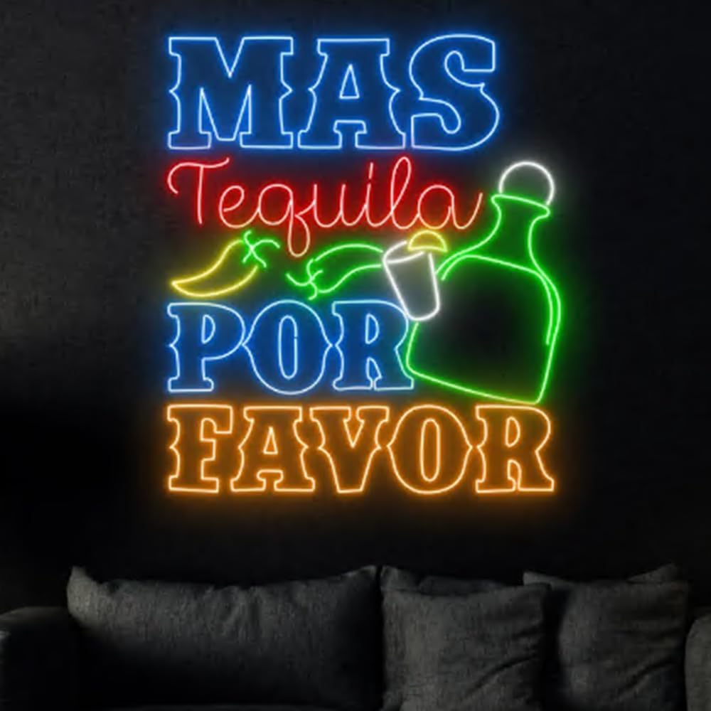 Mas Tequila Por Favor Neon Sign, 25" Mexican Cocktail Bar Light Up, Tequila Cocktail Led Light Signboard, Tequila Bar Pub Neon Light Decor